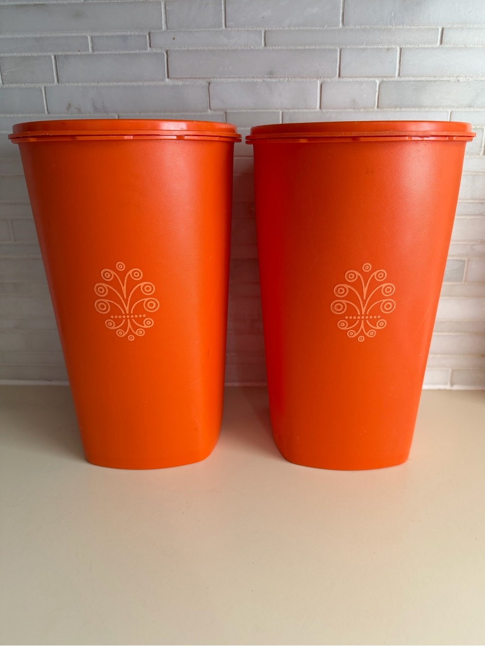 Vintage Tupperware Orange Servalier 10.5” Canisters Set of 2 Retro 70s